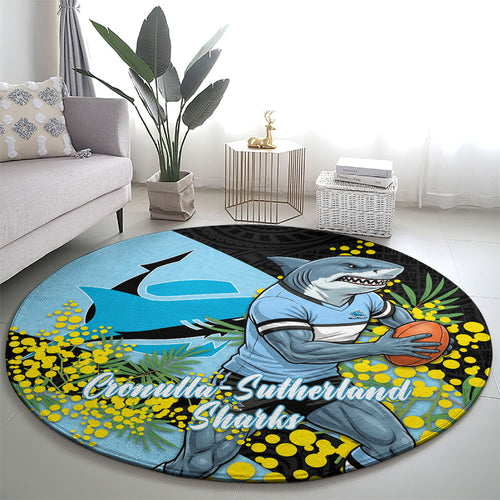 Cronulla Sutherland Sharks Round Carpet Golden Wattle Floral Polynesian - Australian Flower - Rugby Mascot