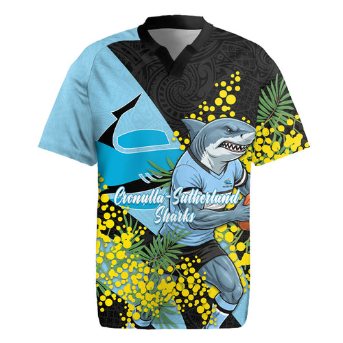 Cronulla Sutherland Sharks Rugby Jersey Golden Wattle Floral Polynesian - Australian Flower - Rugby Mascot