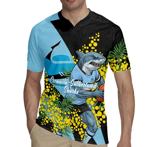 Cronulla Sutherland Sharks Rugby Jersey Golden Wattle Floral Polynesian - Australian Flower - Rugby Mascot