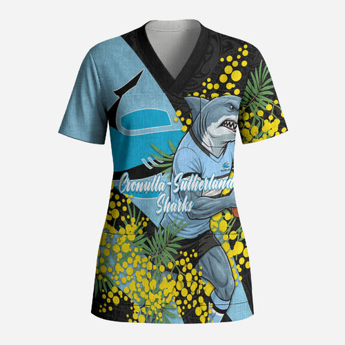 Cronulla Sutherland Sharks Scrub Top Golden Wattle Floral Polynesian - Australian Flower - Rugby Mascot