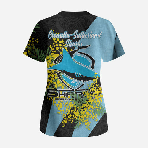 Cronulla Sutherland Sharks Scrub Top Golden Wattle Floral Polynesian - Australian Flower - Rugby Mascot