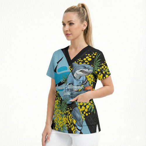 Cronulla Sutherland Sharks Scrub Top Golden Wattle Floral Polynesian - Australian Flower - Rugby Mascot