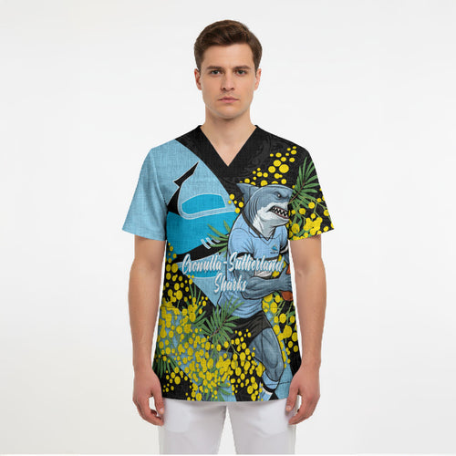 Cronulla Sutherland Sharks Scrub Top Golden Wattle Floral Polynesian - Australian Flower - Rugby Mascot