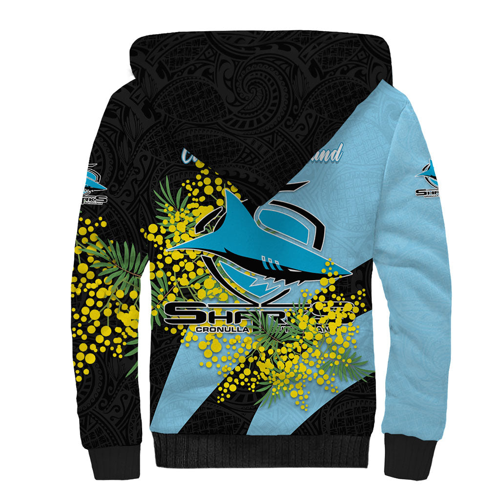 Cronulla Sutherland Sharks Sherpa Hoodie Golden Wattle Floral Polynesian - Australian Flower - Rugby Mascot