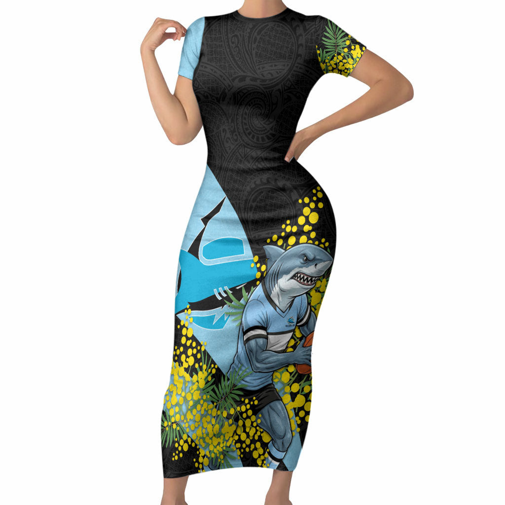 Cronulla Sutherland Sharks Short Sleeve Bodycon Dress Golden Wattle Floral Polynesian - Australian Flower - Rugby Mascot