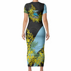 Cronulla Sutherland Sharks Short Sleeve Bodycon Dress Golden Wattle Floral Polynesian - Australian Flower - Rugby Mascot