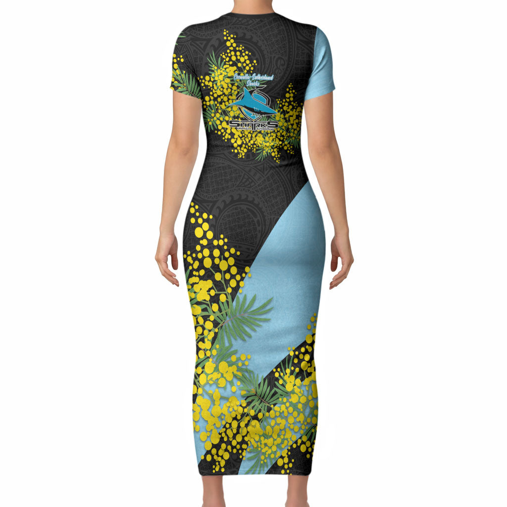 Cronulla Sutherland Sharks Short Sleeve Bodycon Dress Golden Wattle Floral Polynesian - Australian Flower - Rugby Mascot