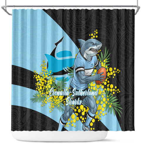 Cronulla Sutherland Sharks Shower Curtain Golden Wattle Floral Polynesian - Australian Flower - Rugby Mascot