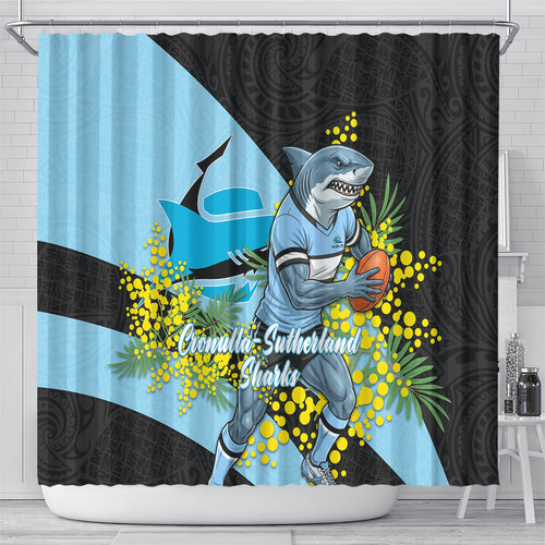 Cronulla Sutherland Sharks Shower Curtain Golden Wattle Floral Polynesian - Australian Flower - Rugby Mascot