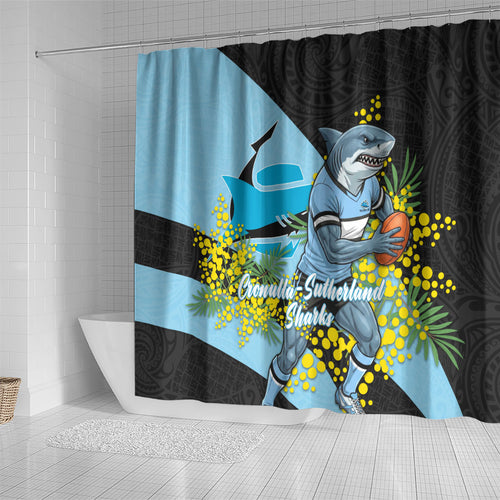 Cronulla Sutherland Sharks Shower Curtain Golden Wattle Floral Polynesian - Australian Flower - Rugby Mascot