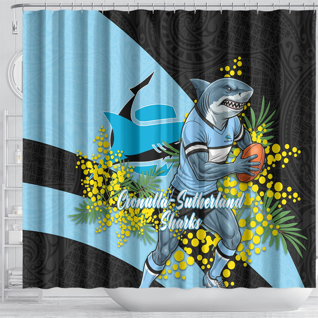 Cronulla Sutherland Sharks Shower Curtain Golden Wattle Floral Polynesian - Australian Flower - Rugby Mascot