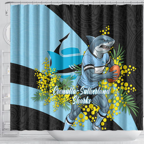Cronulla Sutherland Sharks Shower Curtain Golden Wattle Floral Polynesian - Australian Flower - Rugby Mascot