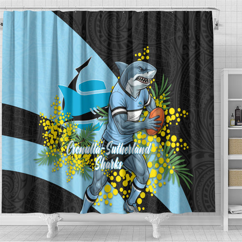Cronulla Sutherland Sharks Shower Curtain Golden Wattle Floral Polynesian - Australian Flower - Rugby Mascot