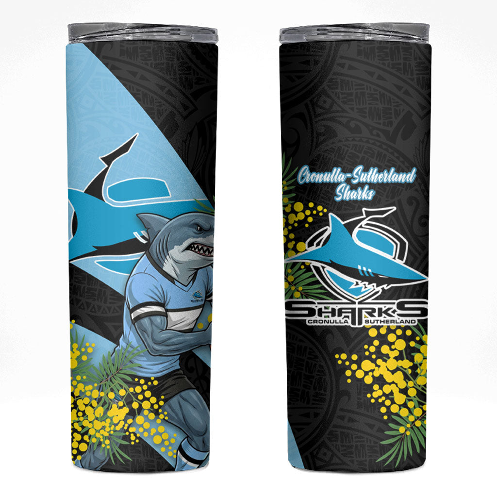 Cronulla Sutherland Sharks Skinny Tumbler Golden Wattle Floral Polynesian - Australian Flower - Rugby Mascot