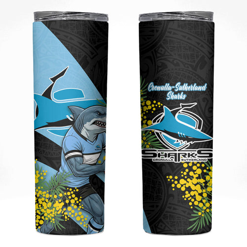 Cronulla Sutherland Sharks Skinny Tumbler Golden Wattle Floral Polynesian - Australian Flower - Rugby Mascot