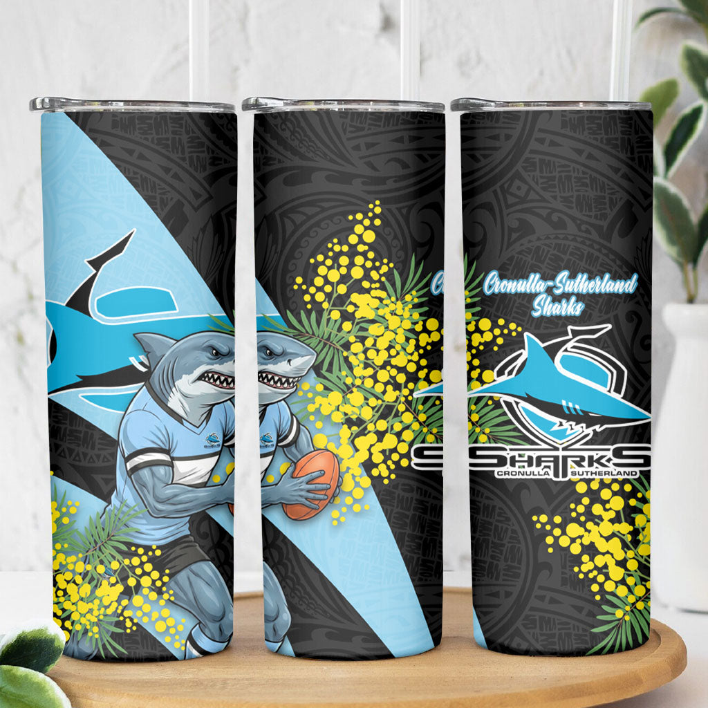 Cronulla Sutherland Sharks Skinny Tumbler Golden Wattle Floral Polynesian - Australian Flower - Rugby Mascot