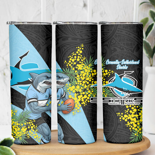 Cronulla Sutherland Sharks Skinny Tumbler Golden Wattle Floral Polynesian - Australian Flower - Rugby Mascot