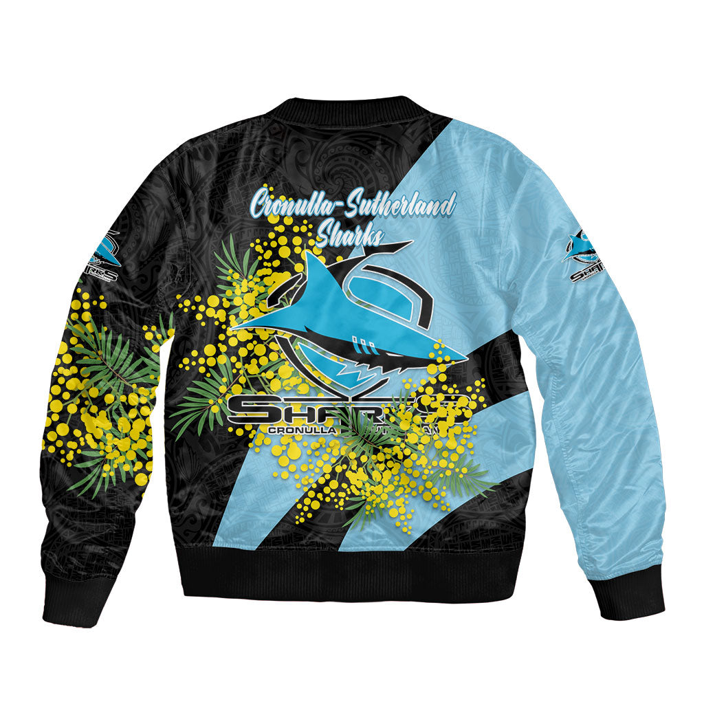 Cronulla Sutherland Sharks Sleeve Zip Bomber Jacket Golden Wattle Floral Polynesian - Australian Flower - Rugby Mascot