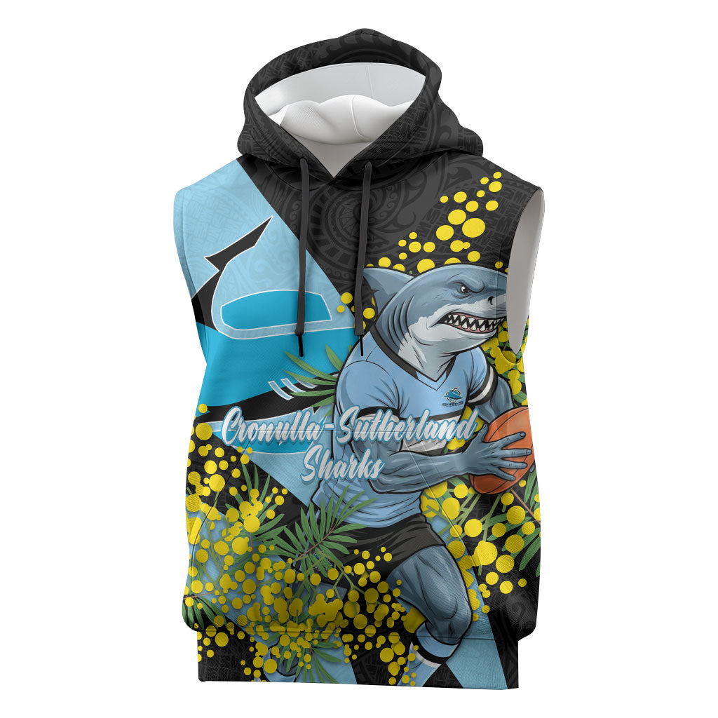 Cronulla Sutherland Sharks Sleeveless Hoodie Golden Wattle Floral Polynesian - Australian Flower - Rugby Mascot