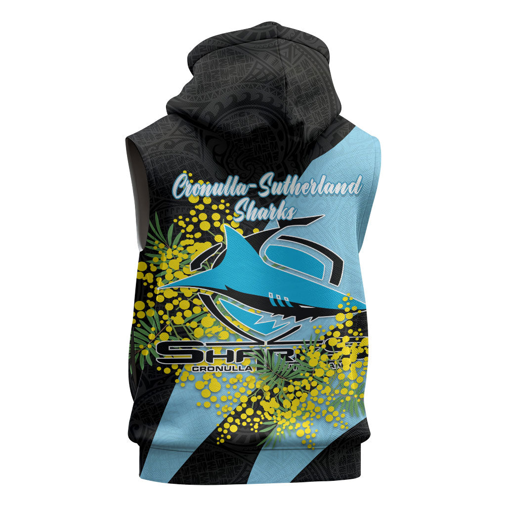 Cronulla Sutherland Sharks Sleeveless Hoodie Golden Wattle Floral Polynesian - Australian Flower - Rugby Mascot