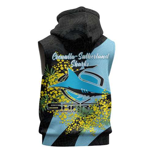 Cronulla Sutherland Sharks Sleeveless Hoodie Golden Wattle Floral Polynesian - Australian Flower - Rugby Mascot