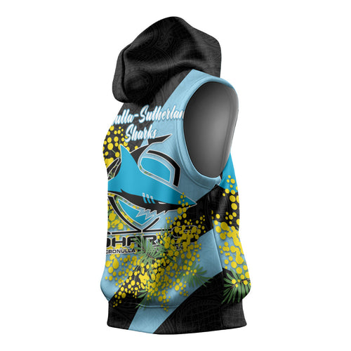 Cronulla Sutherland Sharks Sleeveless Hoodie Golden Wattle Floral Polynesian - Australian Flower - Rugby Mascot