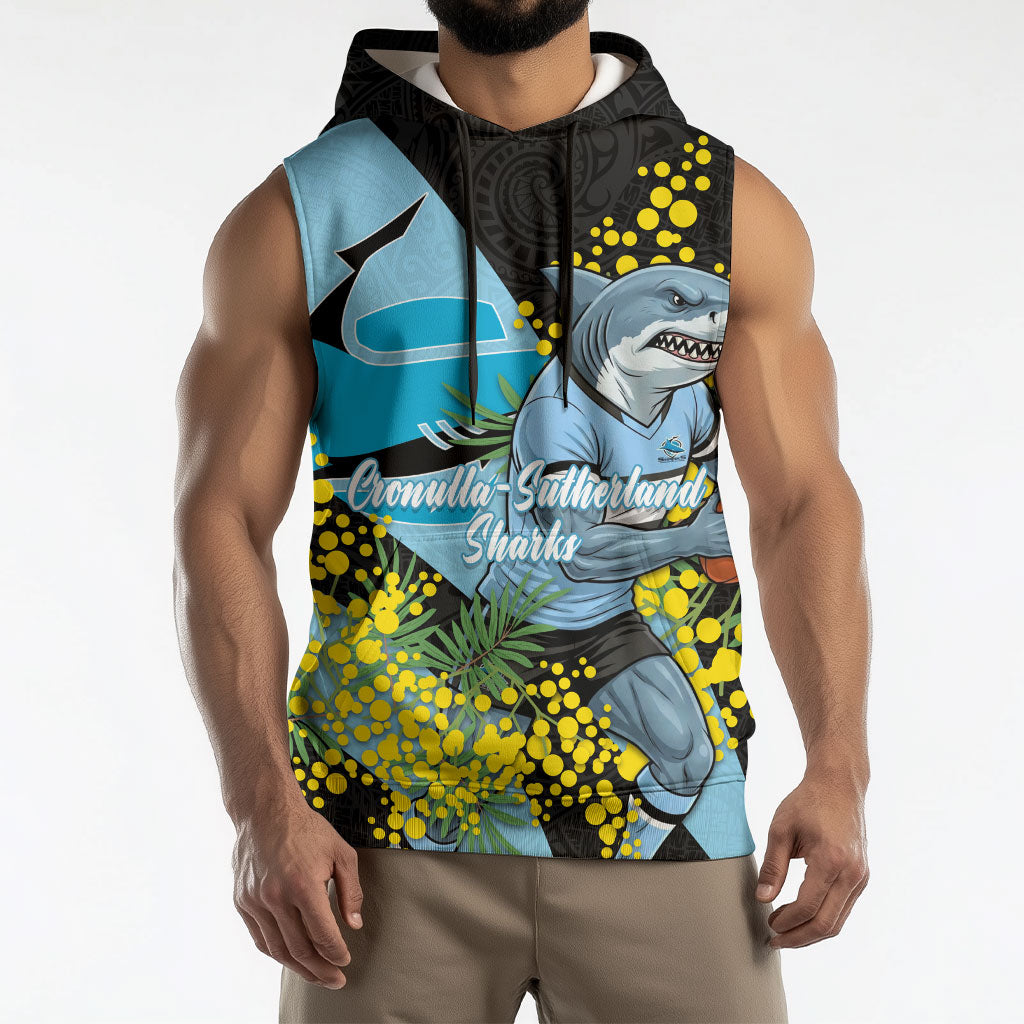 Cronulla Sutherland Sharks Sleeveless Hoodie Golden Wattle Floral Polynesian - Australian Flower - Rugby Mascot
