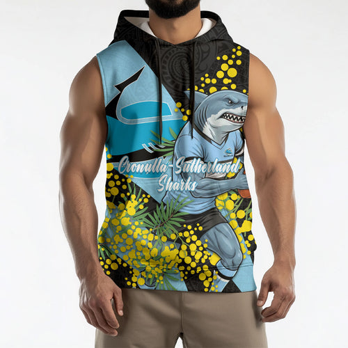 Cronulla Sutherland Sharks Sleeveless Hoodie Golden Wattle Floral Polynesian - Australian Flower - Rugby Mascot