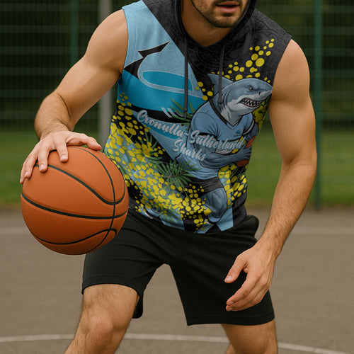 Cronulla Sutherland Sharks Sleeveless Hoodie Golden Wattle Floral Polynesian - Australian Flower - Rugby Mascot