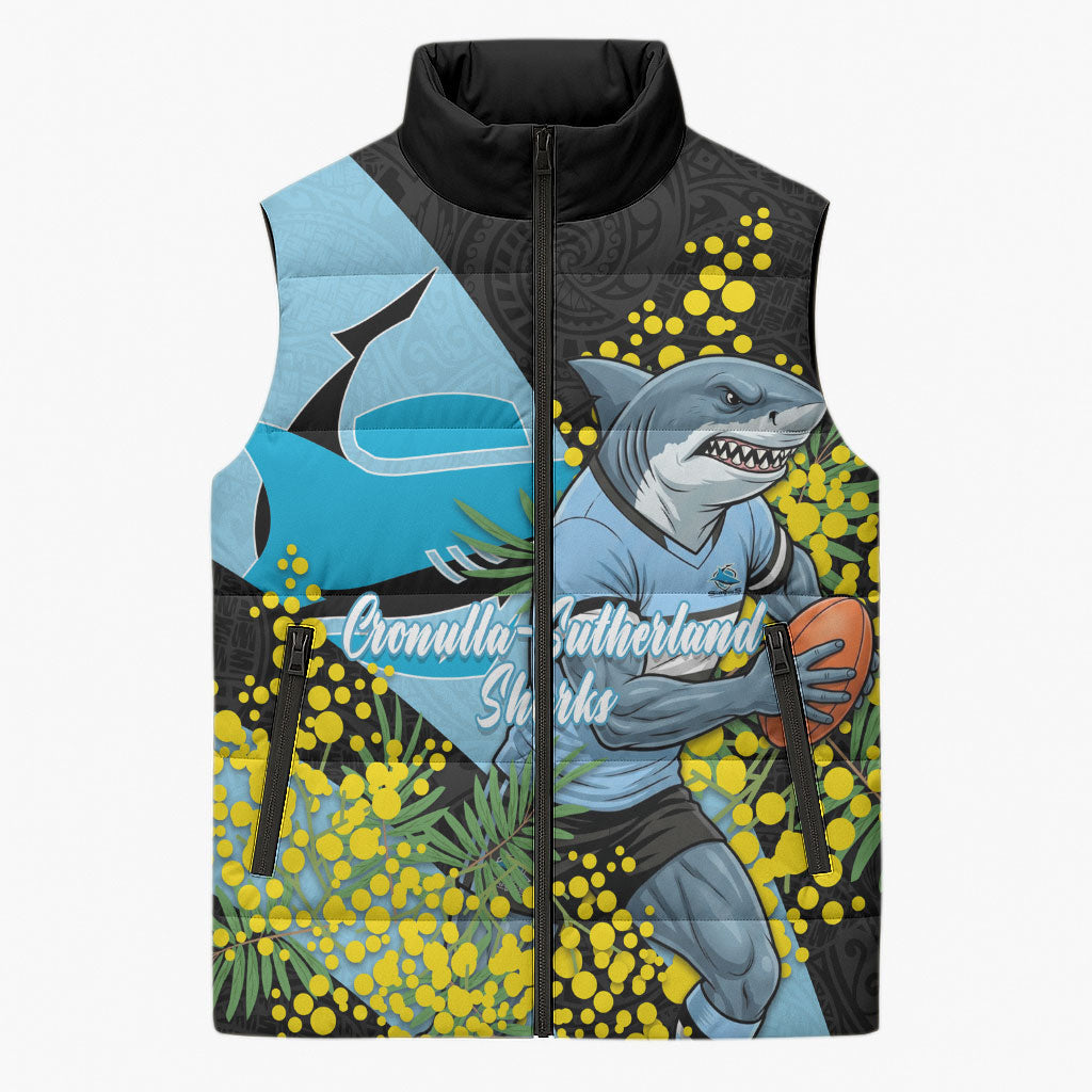 Cronulla Sutherland Sharks Sleeveless Puffer Jacket Golden Wattle Floral Polynesian - Australian Flower - Rugby Mascot