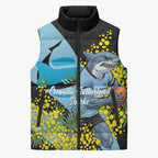 Cronulla Sutherland Sharks Sleeveless Puffer Jacket Golden Wattle Floral Polynesian - Australian Flower - Rugby Mascot