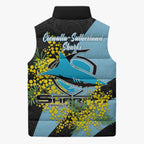 Cronulla Sutherland Sharks Sleeveless Puffer Jacket Golden Wattle Floral Polynesian - Australian Flower - Rugby Mascot