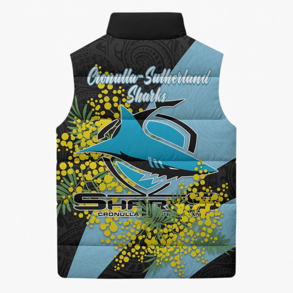 Cronulla Sutherland Sharks Sleeveless Puffer Jacket Golden Wattle Floral Polynesian - Australian Flower - Rugby Mascot