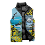 Cronulla Sutherland Sharks Sleeveless Puffer Jacket Golden Wattle Floral Polynesian - Australian Flower - Rugby Mascot