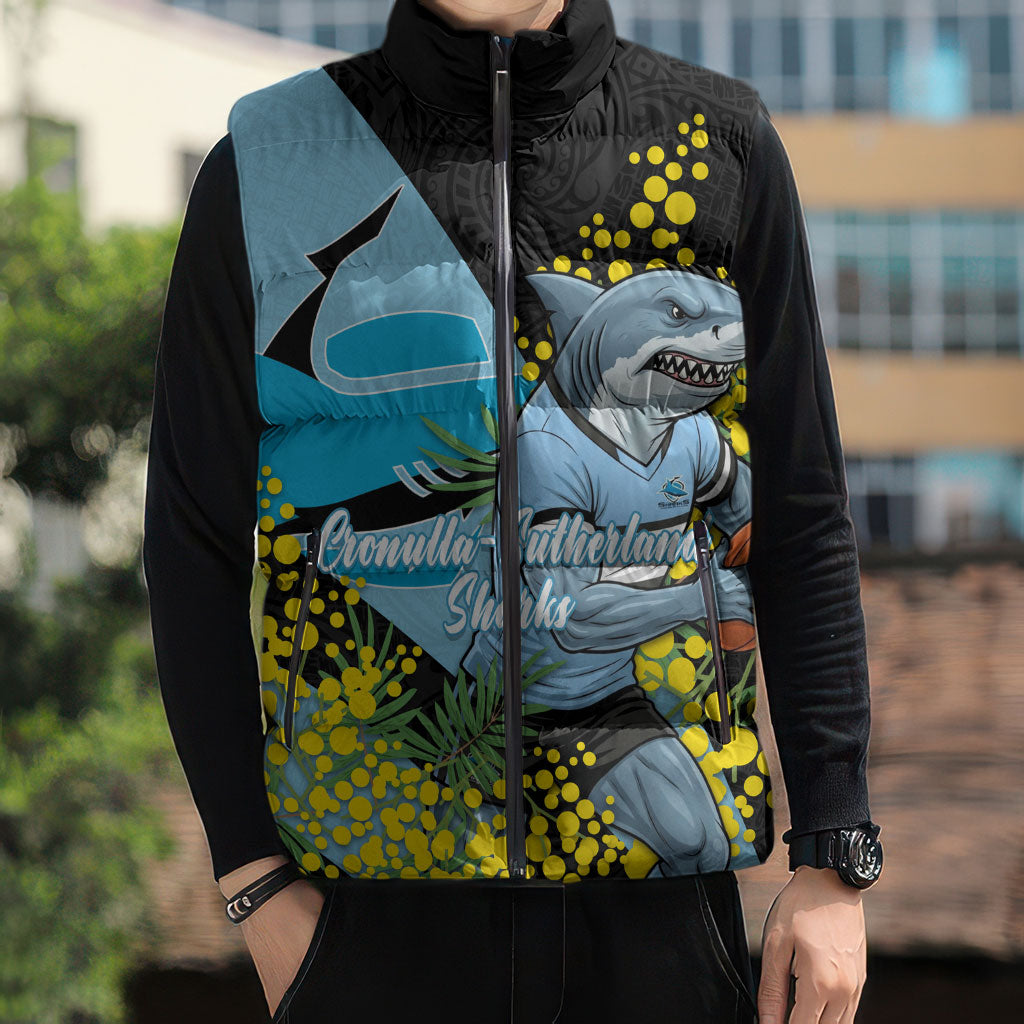 Cronulla Sutherland Sharks Sleeveless Puffer Jacket Golden Wattle Floral Polynesian - Australian Flower - Rugby Mascot