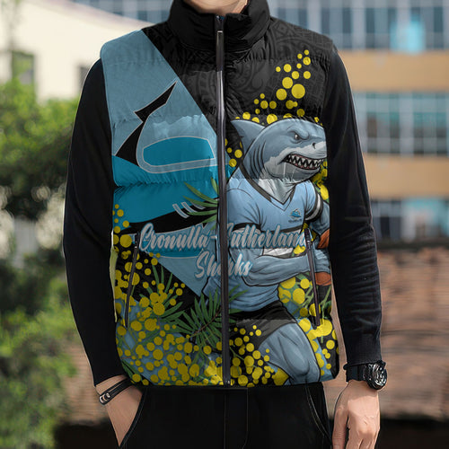 Cronulla Sutherland Sharks Sleeveless Puffer Jacket Golden Wattle Floral Polynesian - Australian Flower - Rugby Mascot