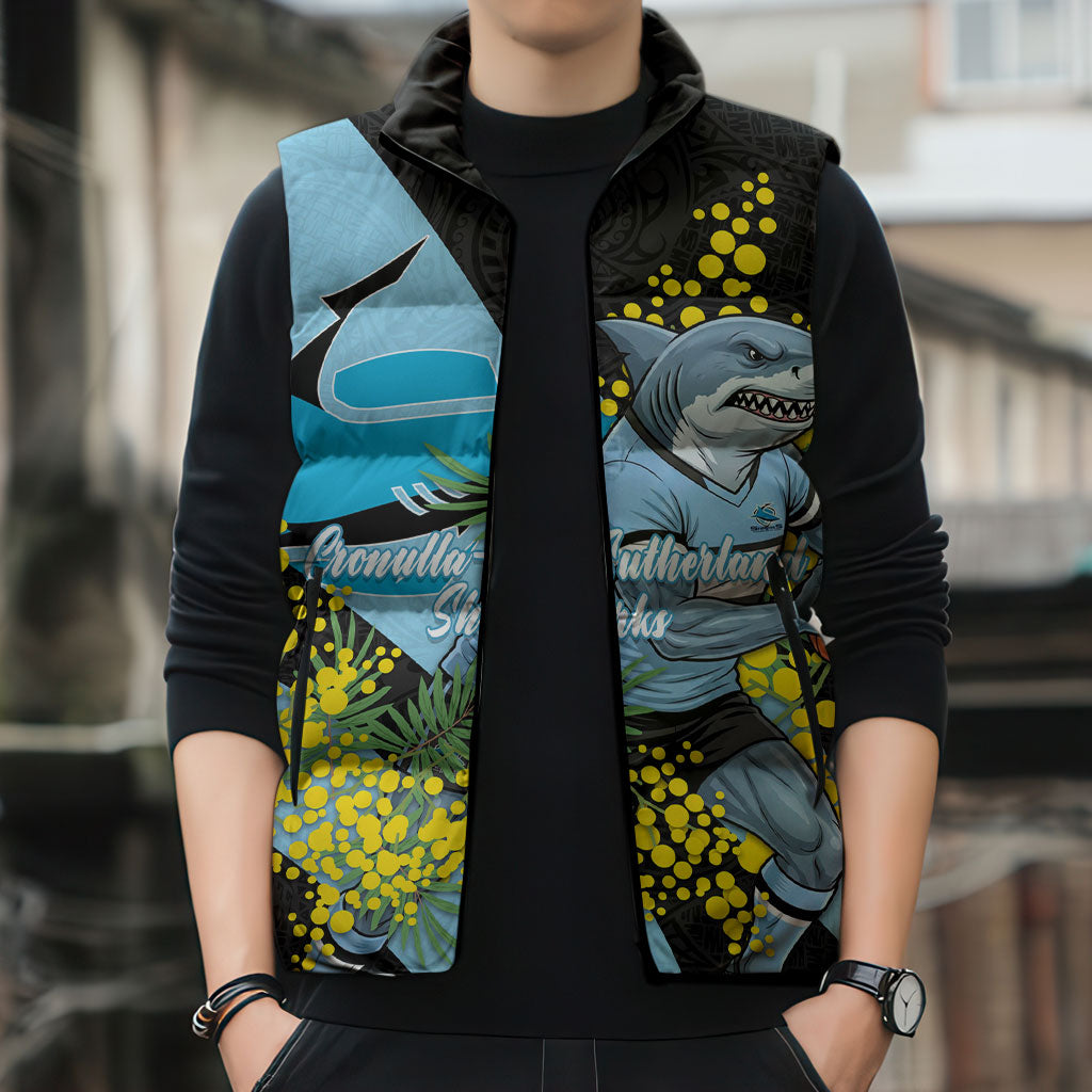 Cronulla Sutherland Sharks Sleeveless Puffer Jacket Golden Wattle Floral Polynesian - Australian Flower - Rugby Mascot