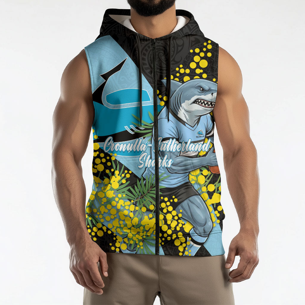 Cronulla Sutherland Sharks Sleeveless Zip Hoodie Golden Wattle Floral Polynesian - Australian Flower - Rugby Mascot