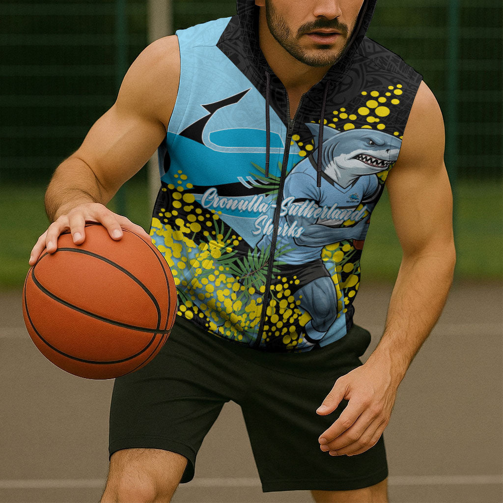 Cronulla Sutherland Sharks Sleeveless Zip Hoodie Golden Wattle Floral Polynesian - Australian Flower - Rugby Mascot