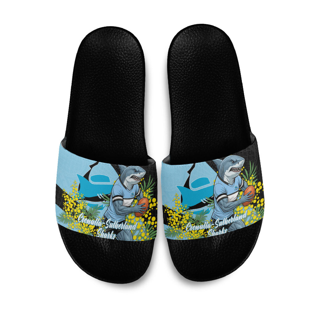 Cronulla Sutherland Sharks Slide Sandals Golden Wattle Floral Polynesian - Australian Flower - Rugby Mascot