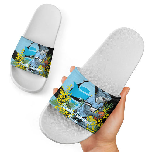 Cronulla Sutherland Sharks Slide Sandals Golden Wattle Floral Polynesian - Australian Flower - Rugby Mascot