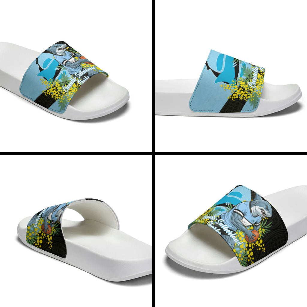 Cronulla Sutherland Sharks Slide Sandals Golden Wattle Floral Polynesian - Australian Flower - Rugby Mascot