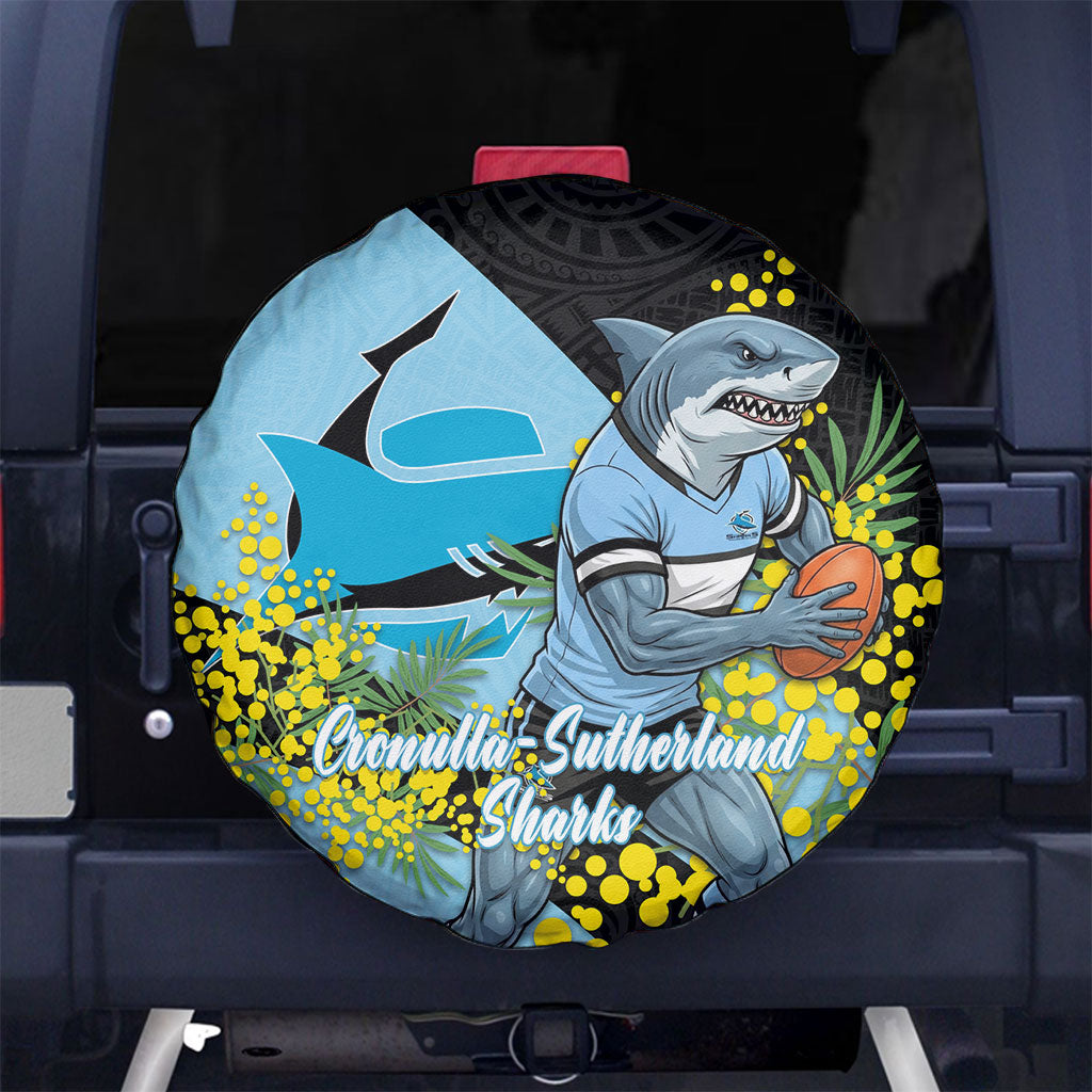 Cronulla Sutherland Sharks Spare Tire Cover Golden Wattle Floral Polynesian - Australian Flower - Rugby Mascot