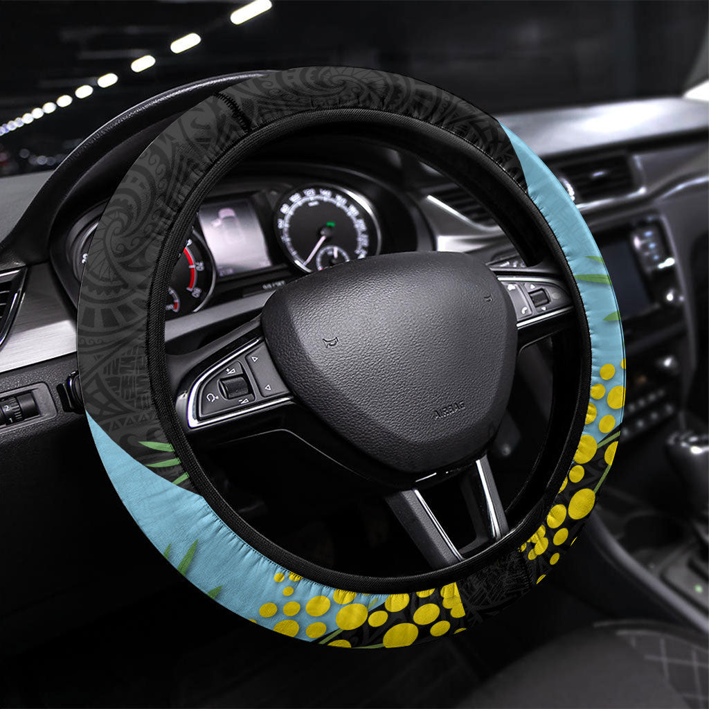 Cronulla Sutherland Sharks Steering Wheel Cover Golden Wattle Floral Polynesian - Australian Flower - Rugby Mascot