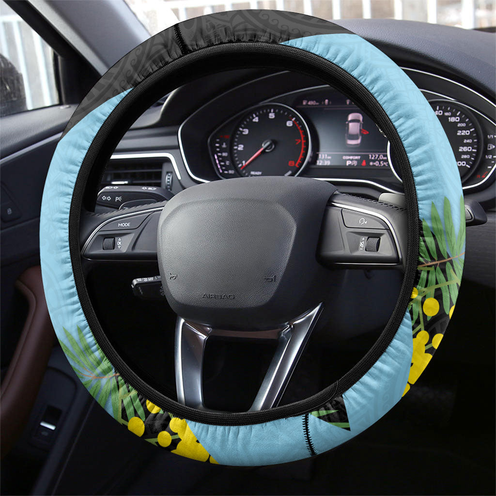 Cronulla Sutherland Sharks Steering Wheel Cover Golden Wattle Floral Polynesian - Australian Flower - Rugby Mascot