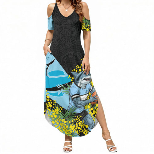 Cronulla Sutherland Sharks Summer Maxi Dress Golden Wattle Floral Polynesian - Australian Flower - Rugby Mascot