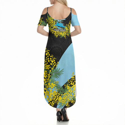 Cronulla Sutherland Sharks Summer Maxi Dress Golden Wattle Floral Polynesian - Australian Flower - Rugby Mascot