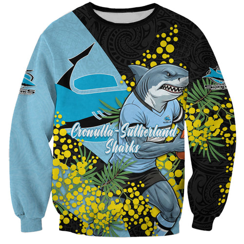 Cronulla Sutherland Sharks Sweatshirt Golden Wattle Floral Polynesian - Australian Flower - Rugby Mascot