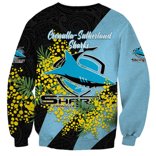 Cronulla Sutherland Sharks Sweatshirt Golden Wattle Floral Polynesian - Australian Flower - Rugby Mascot