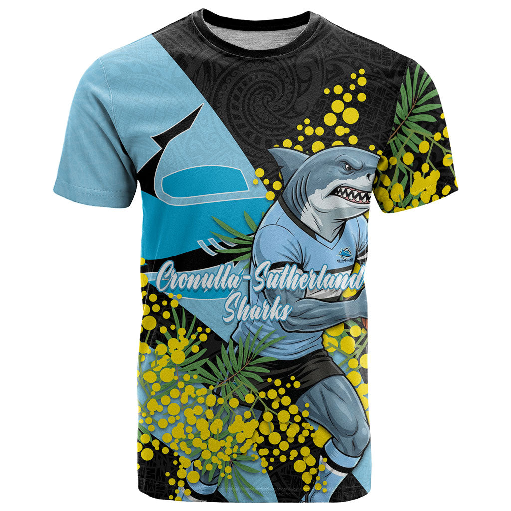 Cronulla Sutherland Sharks T Shirt Golden Wattle Floral Polynesian - Australian Flower - Rugby Mascot
